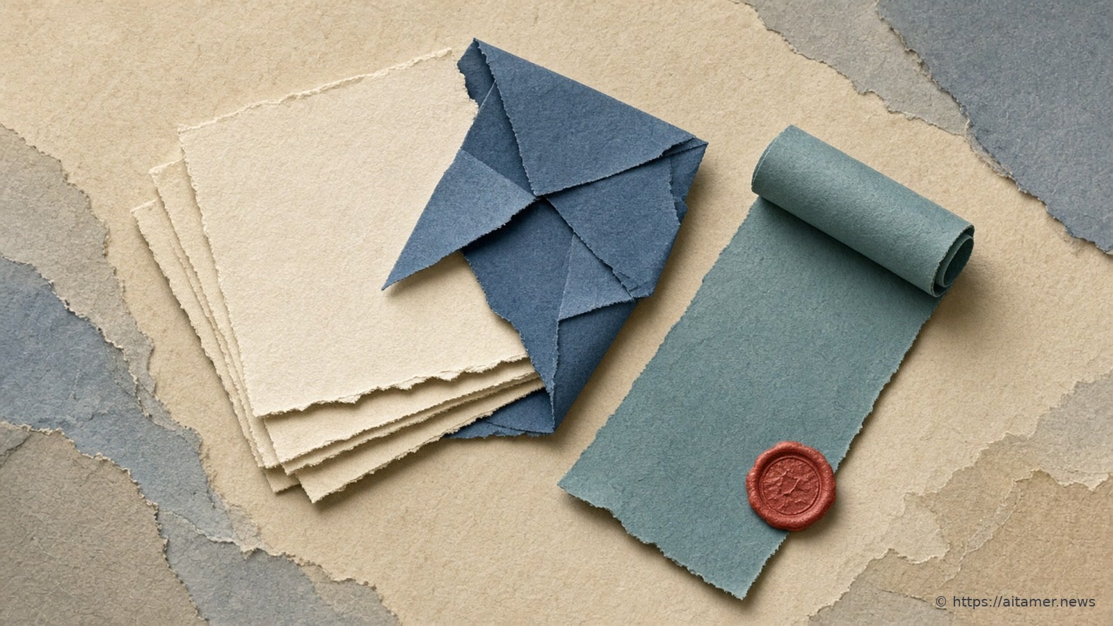 A stack of torn cream paper sheets under a folded slate-blue envelope, beside a teal paper scroll closed with a rust wax seal.
