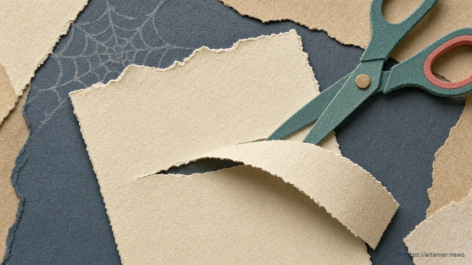 Teal paper scissors cut a curling strip from a cream paper sheet laid on navy paper, with a faint grey cobweb drawn in the corner.