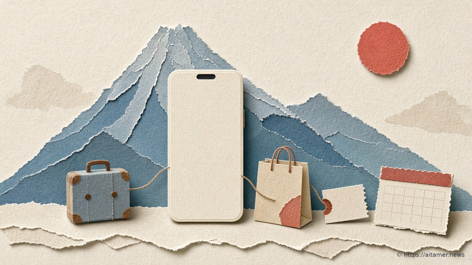 Paper collage of a cream smartphone linked by threads to a suitcase, a shopping bag, a ticket and a calendar page, with a dusty-blue Mount Fuji and a coral sun behind it.