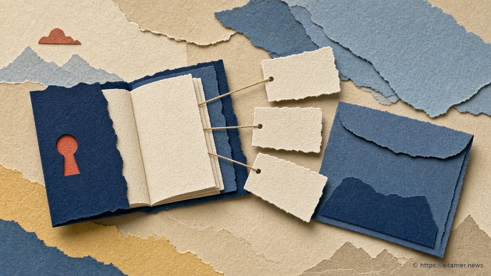 An open slate-blue paper journal with a keyhole, three cream tags on strings, and a slate-blue envelope.