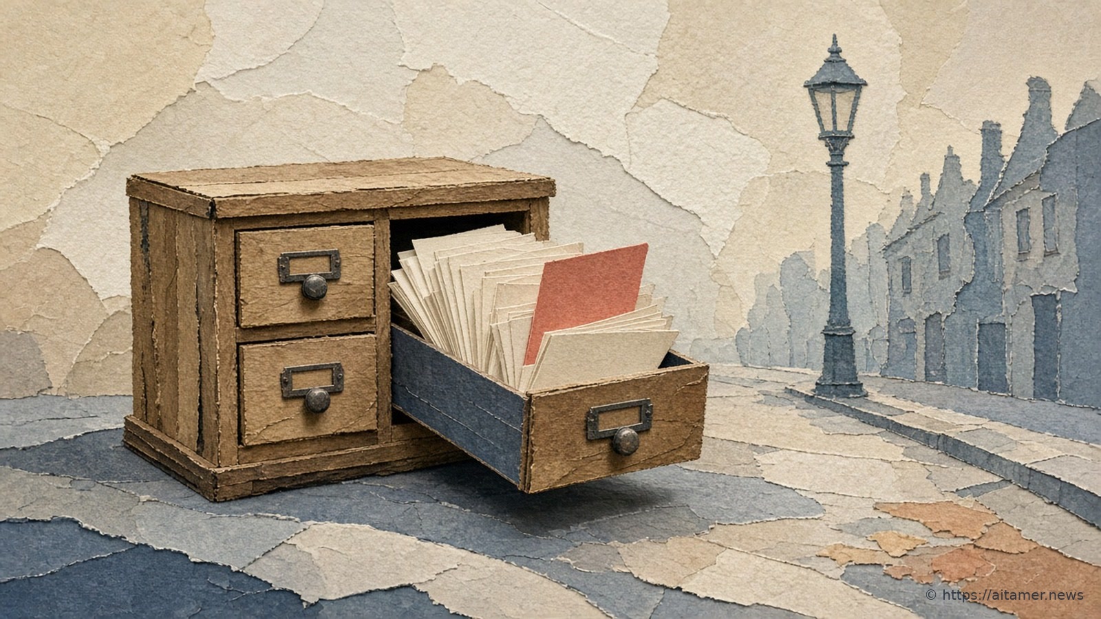 A worn sand paper card cabinet stands on a slate-blue paper street with one drawer pulled open and full of cream cards and a coral card, beside a grey paper lamppost and a row of faint blue houses.