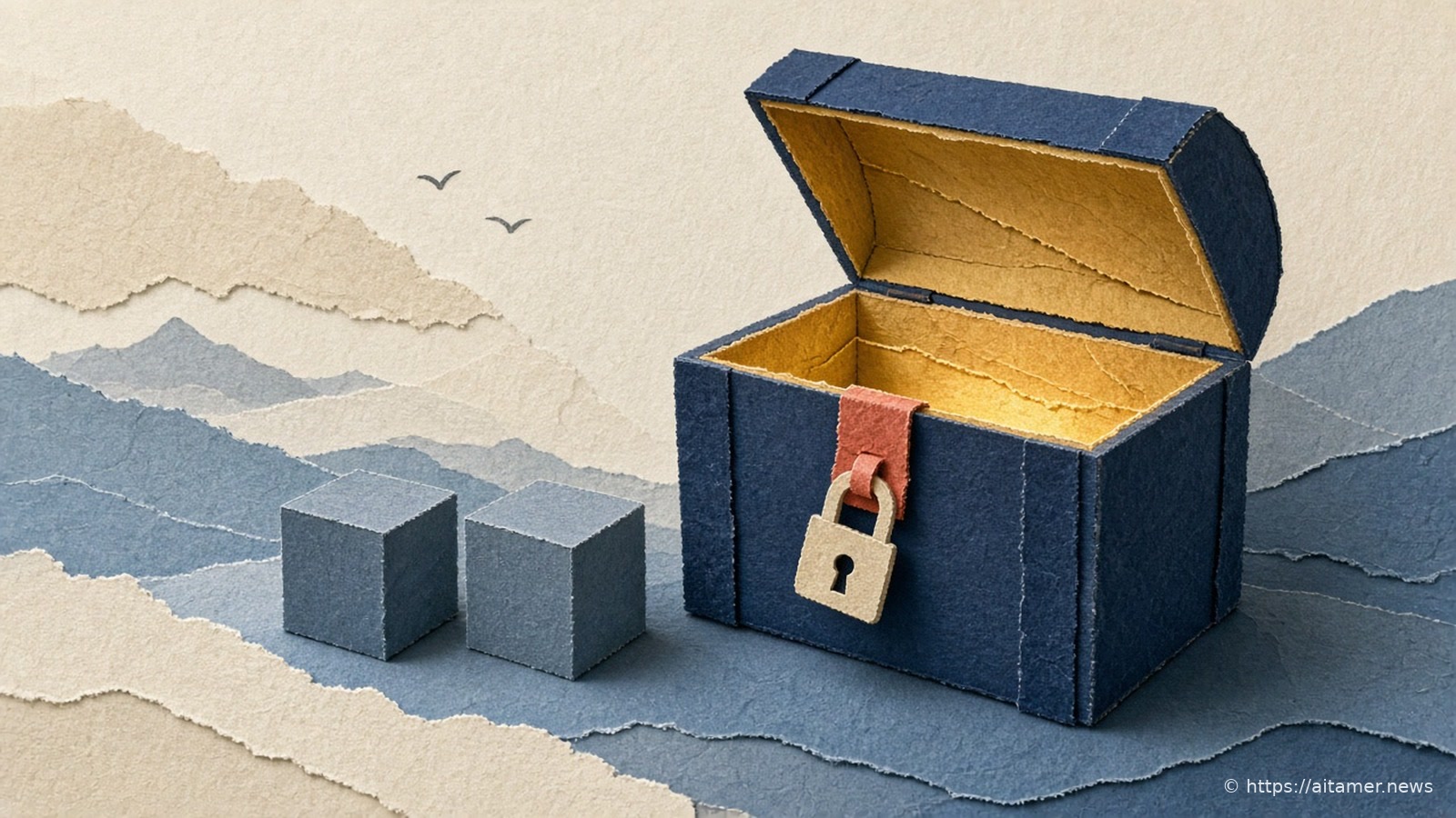 An open slate-blue paper chest with a gold lining and a coral hasp holding a cream padlock, beside two slate cubes on blue paper hills.