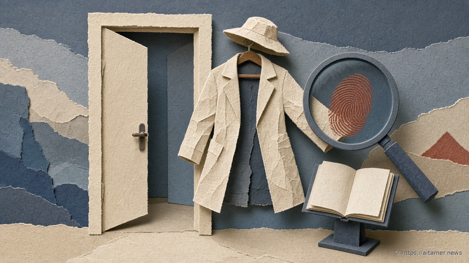 Paper-cut illustration of an empty cream coat and hat on a hanger beside an open doorway, with a slate magnifier showing a rust fingerprint swirl on the sleeve and an open blank guest book, on steel-blue.
