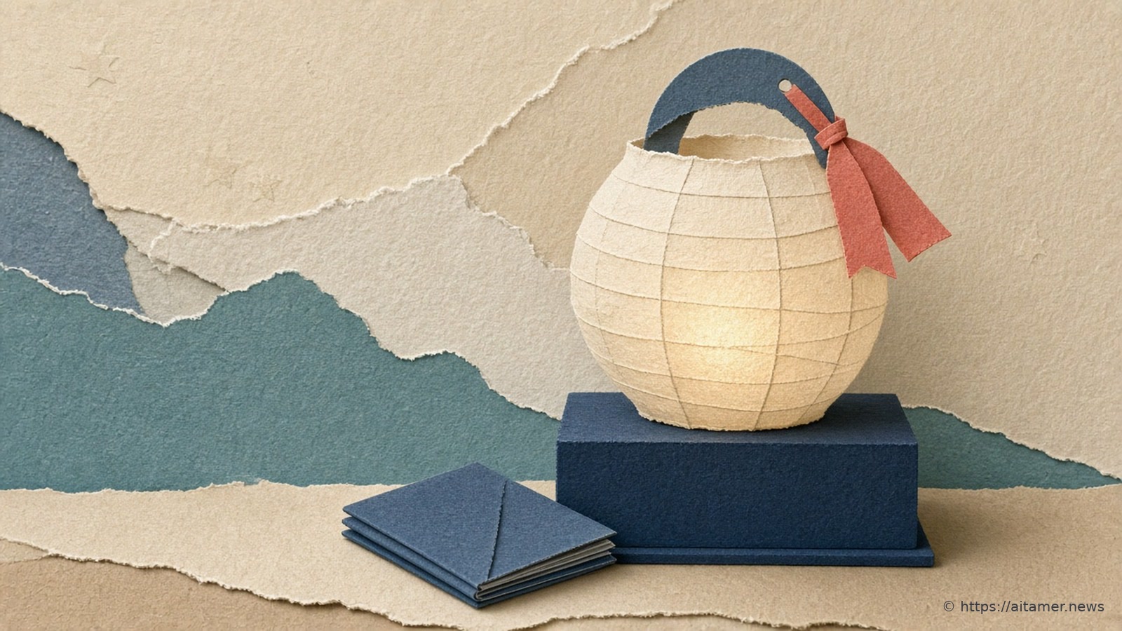 A softly glowing cream paper lantern with a coral ribbon on its handle, standing on a deep-navy paper pedestal beside a small folded blue paper notebook, against torn teal and cream paper hills.