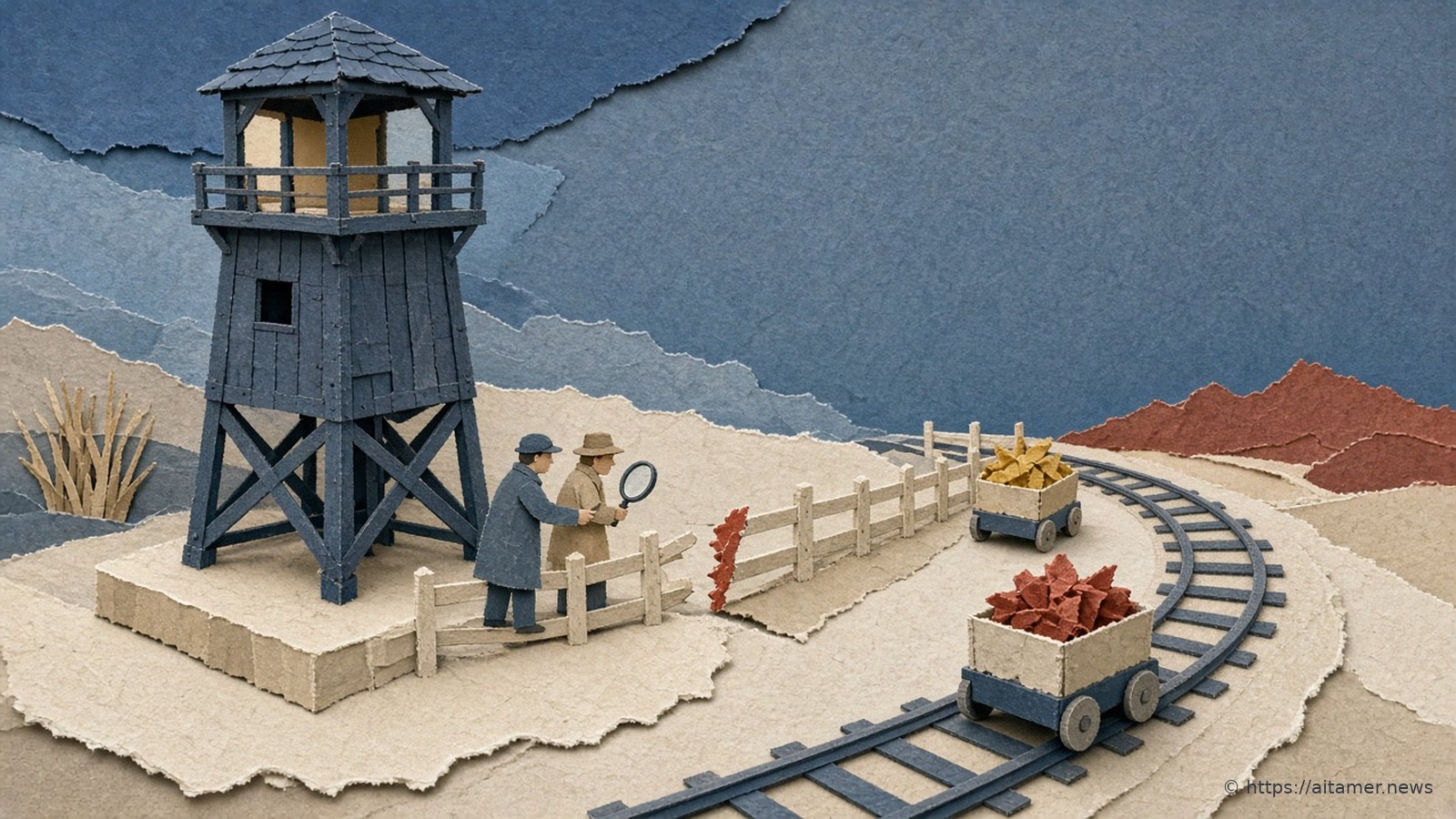 Paper-cut illustration of a watchtower over a yard where carts run on a track, as two small inspectors with a magnifying glass point at a gap in the fence.