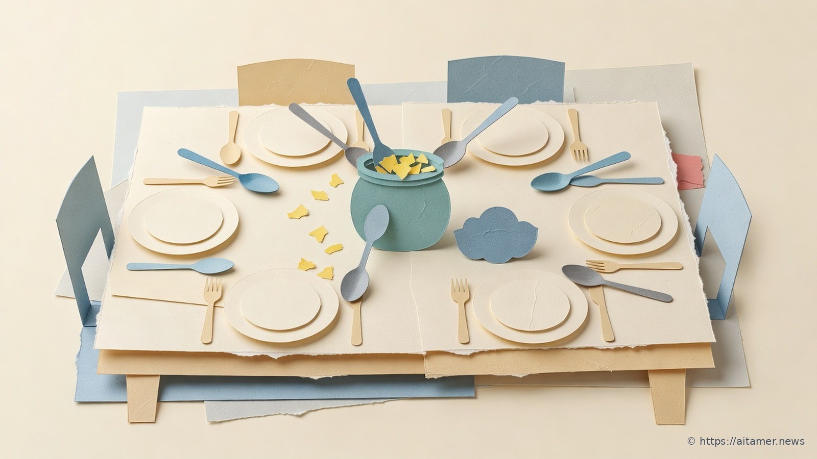 Paper-cut dinner table with six place settings and spoons reaching into one shared teal jar of yellow paper tokens, beside a small blue cloud-shaped bowl.