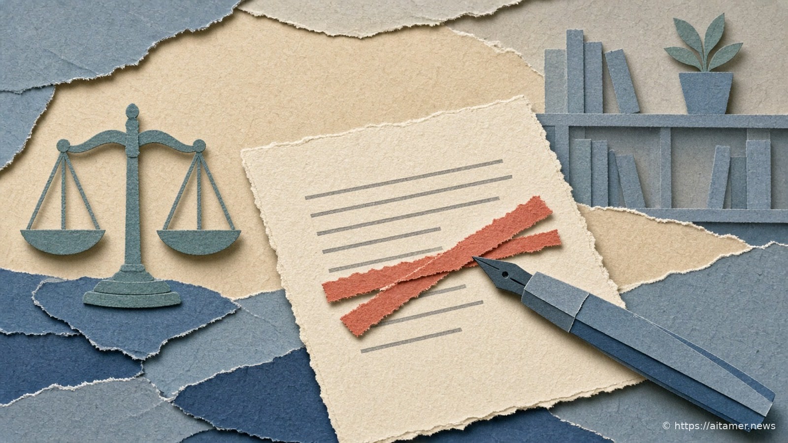 A cream paper page of grey lines crossed out by two coral strips, a slate fountain pen, a teal balance scale, and a bookshelf with a plant.