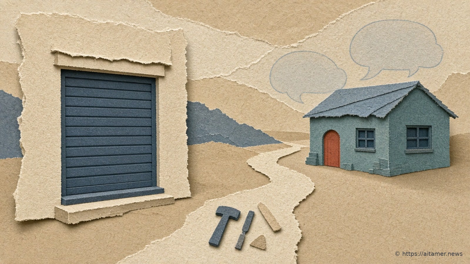 A slate-blue paper shutter closes a cream doorway at left, and a sand paper path with a small paper hammer and chisel leads to a muted-teal paper house with a coral door under two faint blank speech bubbles.