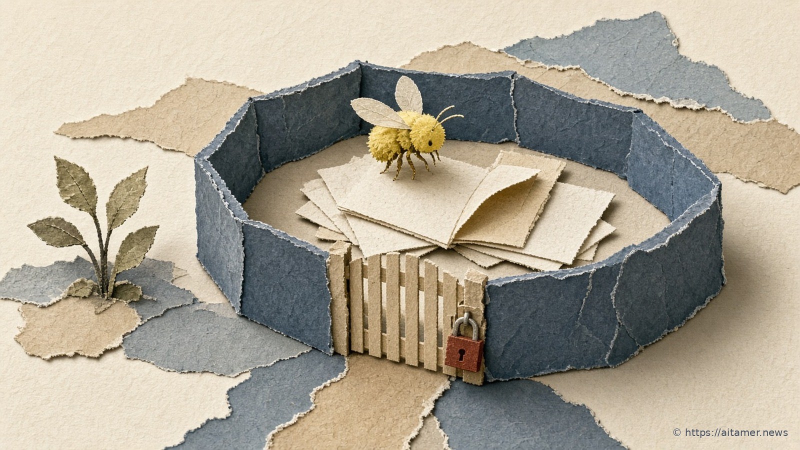 Paper-cut slate walled enclosure where a yellow bee works over cream sheets and a folder, its cream gate shut with a rust padlock.