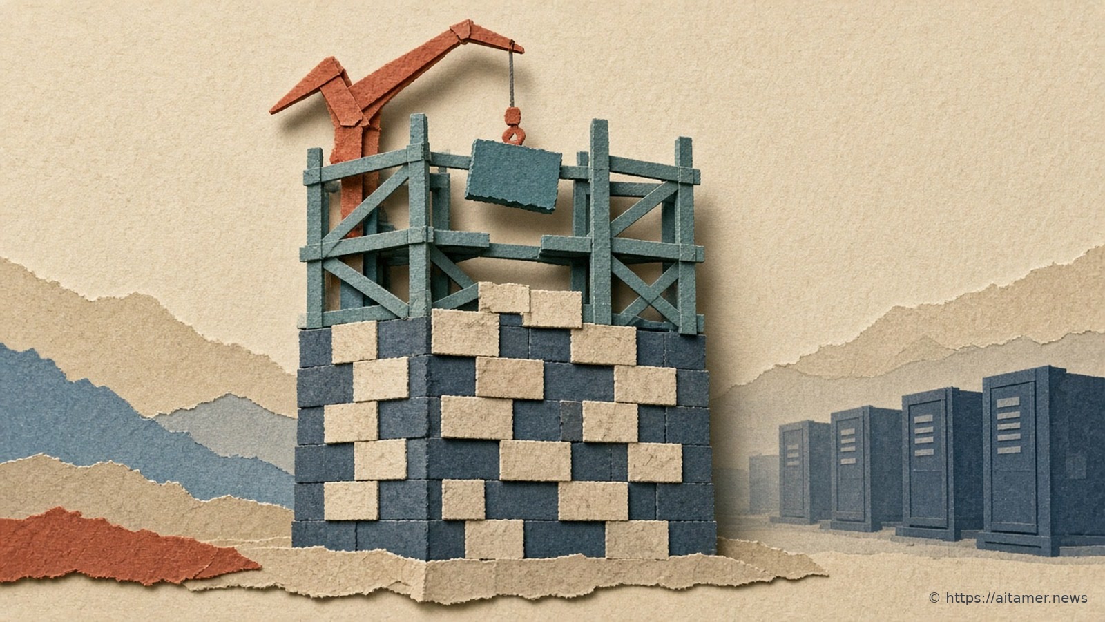 A rust-red paper crane lowers a teal block onto teal scaffolding atop a navy and cream brick tower, with faint server cabinets in the distance.