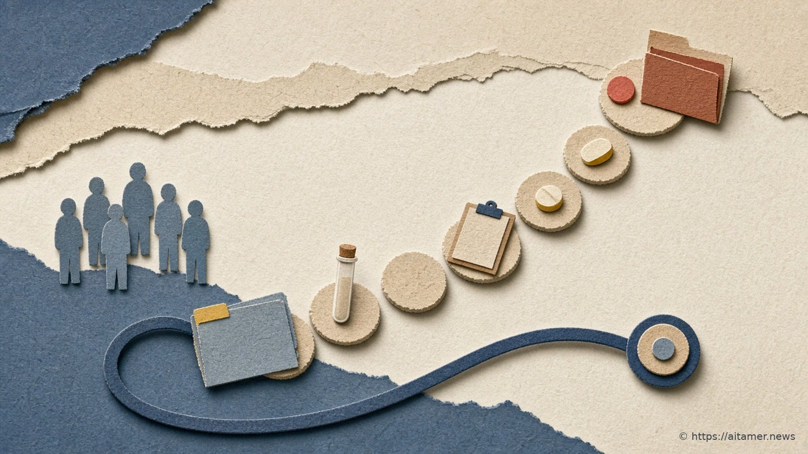 Paper collage of a stethoscope beside a winding path of round stepping stones carrying a test tube, a clipboard and pills, leading from a closed folder to an open one, with a small group of paper figures watching.