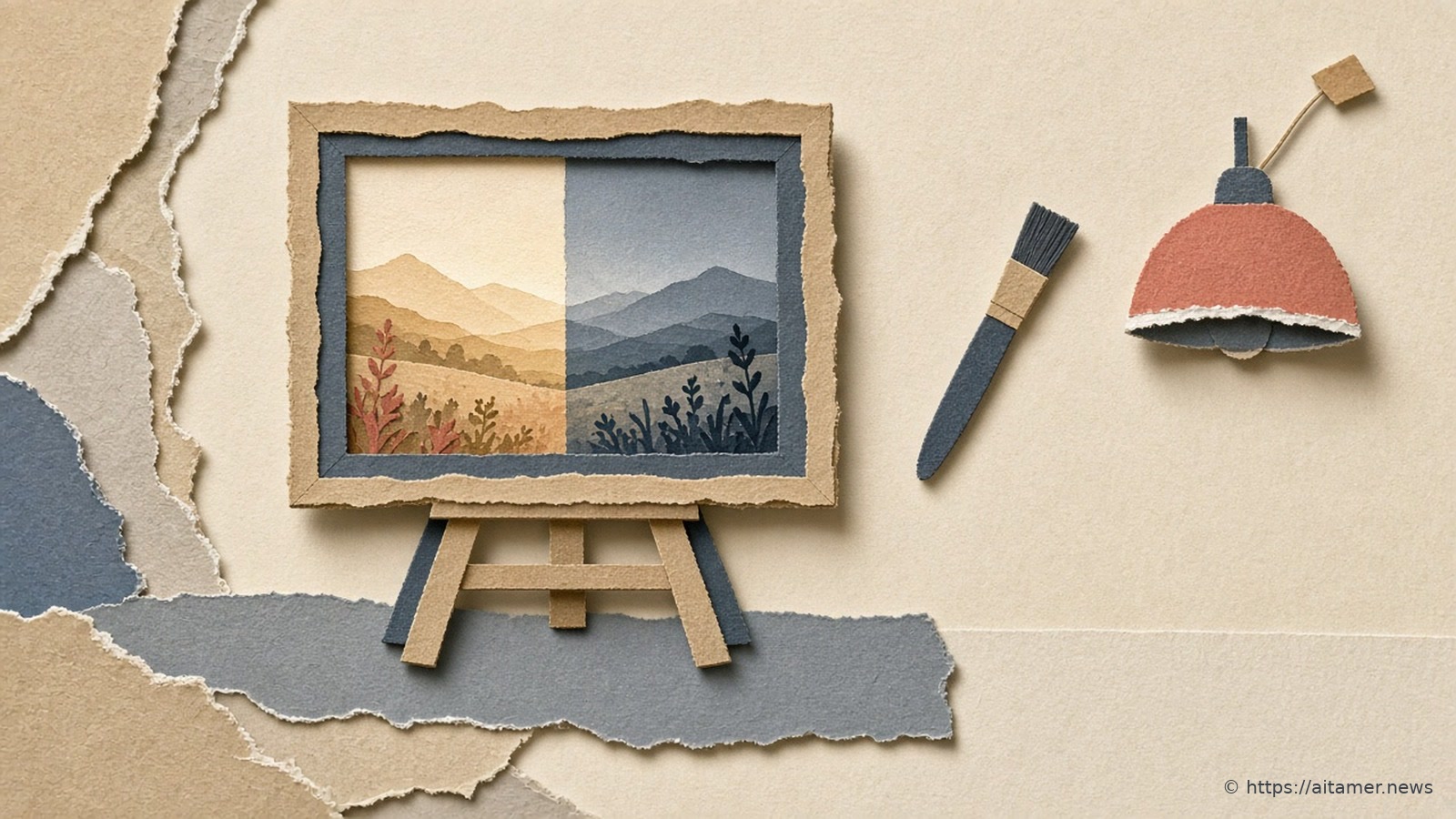 A paper-cut collage of a framed scene half relit by a small lamp and brush hovering at its edge.