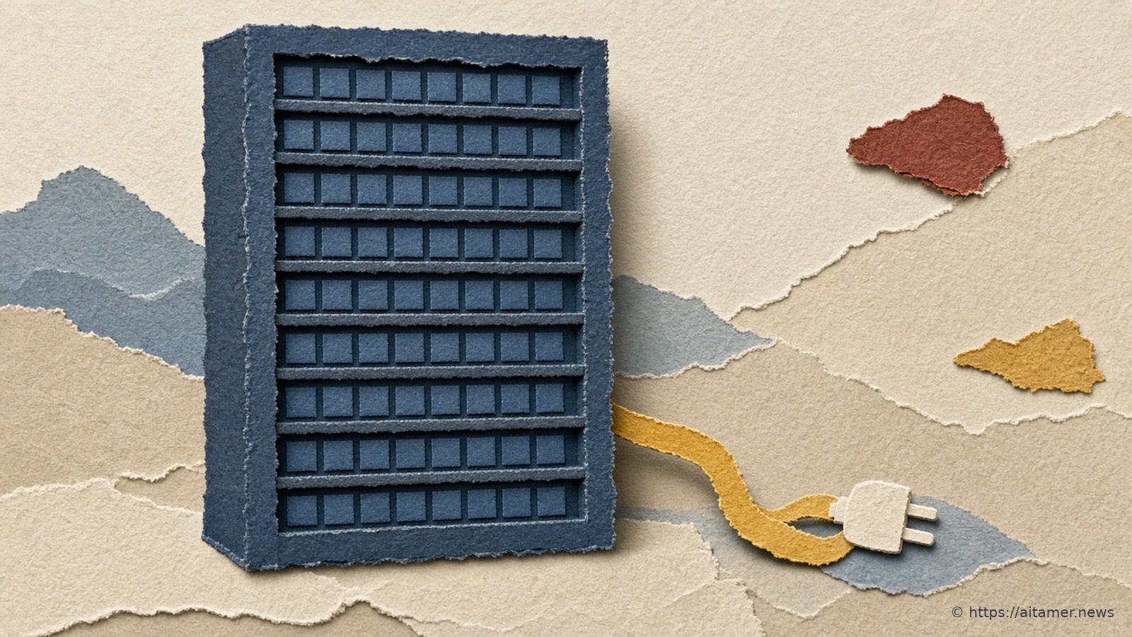 A tall slate-blue paper server rack filled with rows of small square chip tiles, with a sulfur-yellow paper cable running out to a cream paper plug, on layered sand and dusty-blue paper hills.