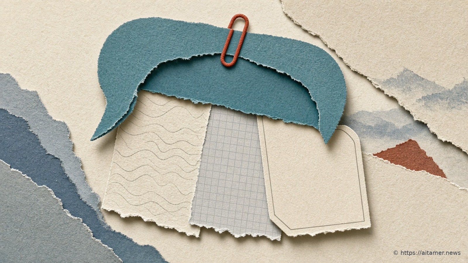 A teal paper speech bubble clipped with a red paper clip over three cream paper sheets: one lined like a document, one gridded like a spreadsheet, one blank like a slide.