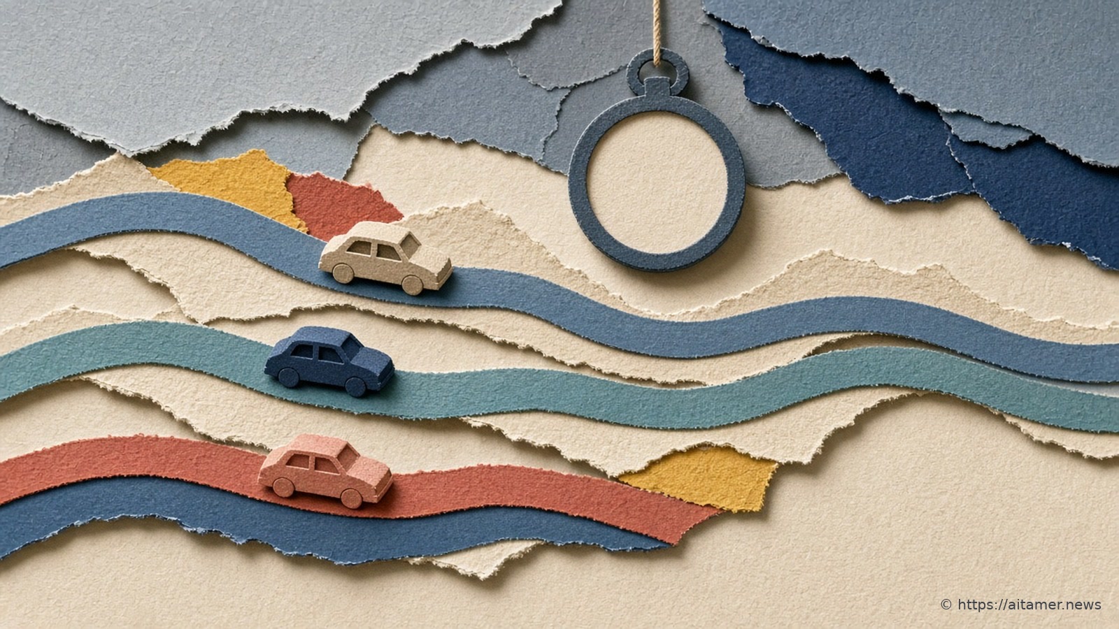 Three small paper cars in cream, navy and coral drive along wavy blue, teal and coral paper roads through torn sand and slate layers, under a slate-blue paper lens hanging on a cord.