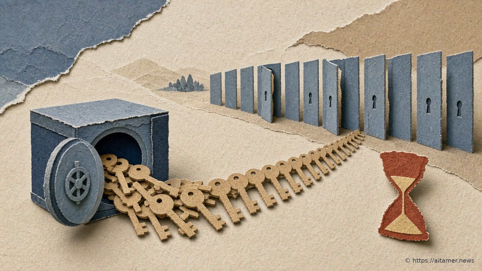 Paper-cut illustration of a backup vault door left ajar as a stream of identical keys rushes toward a long row of doors, a few already open, beside a small hourglass.