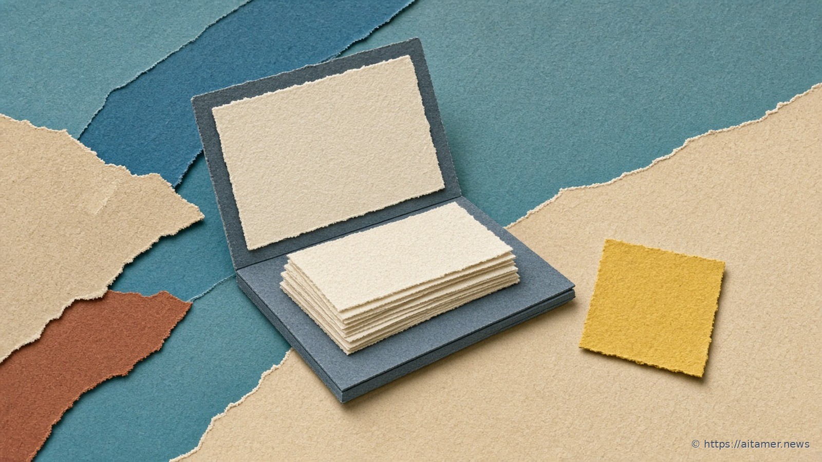 Paper-cut open slate laptop with a blank cream screen and a stack of cream sheets on its keyboard, beside a yellow chip square.