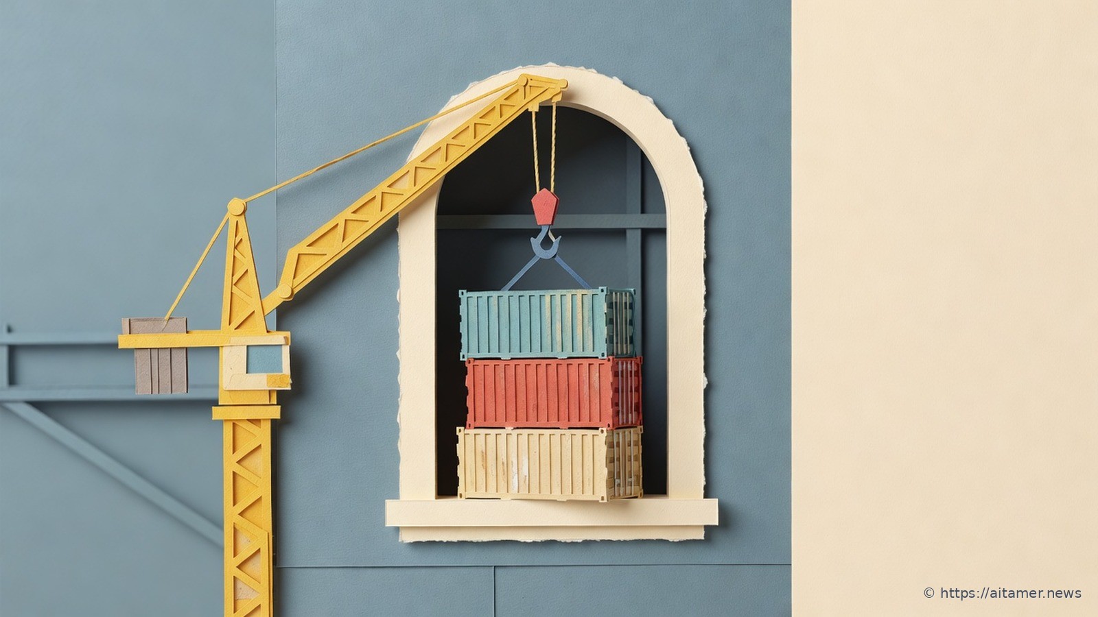 Paper-cut illustration of a yellow construction crane lowering a stack of teal, rust and sand shipping containers through an arched cream window in a slate-blue wall.