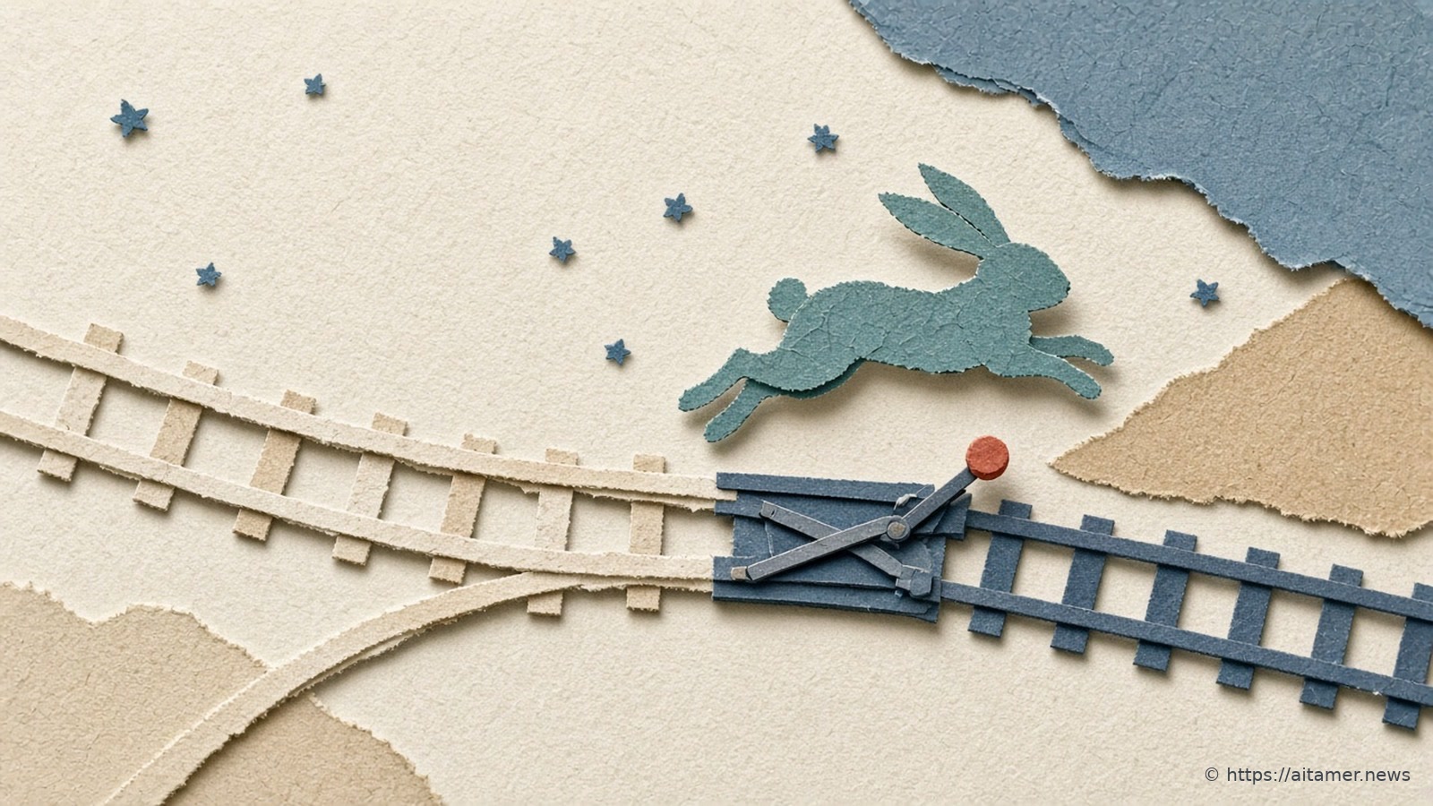 A muted-teal paper rabbit leaps over a slate-blue paper rail switch where two cream paper tracks merge into one, with a coral lever knob and faint dusty-blue paper stars on an ivory background.