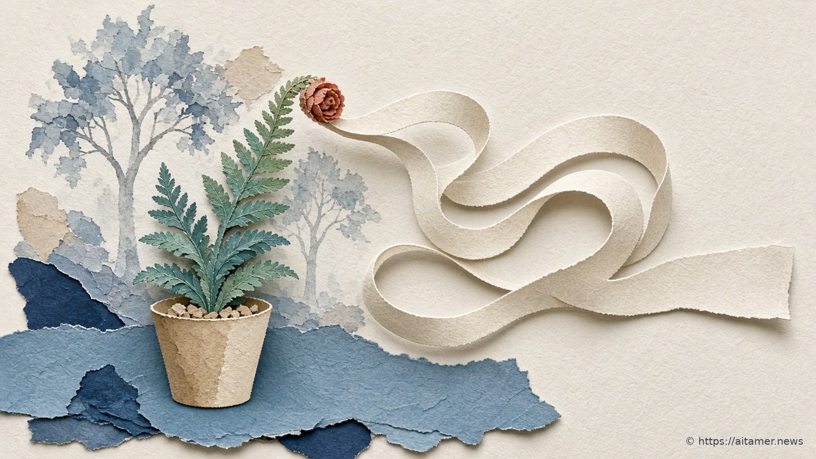 Cut-paper illustration of a young fern whose frond unrolls into a very long looping paper scroll, with two larger unfinished trees behind it.