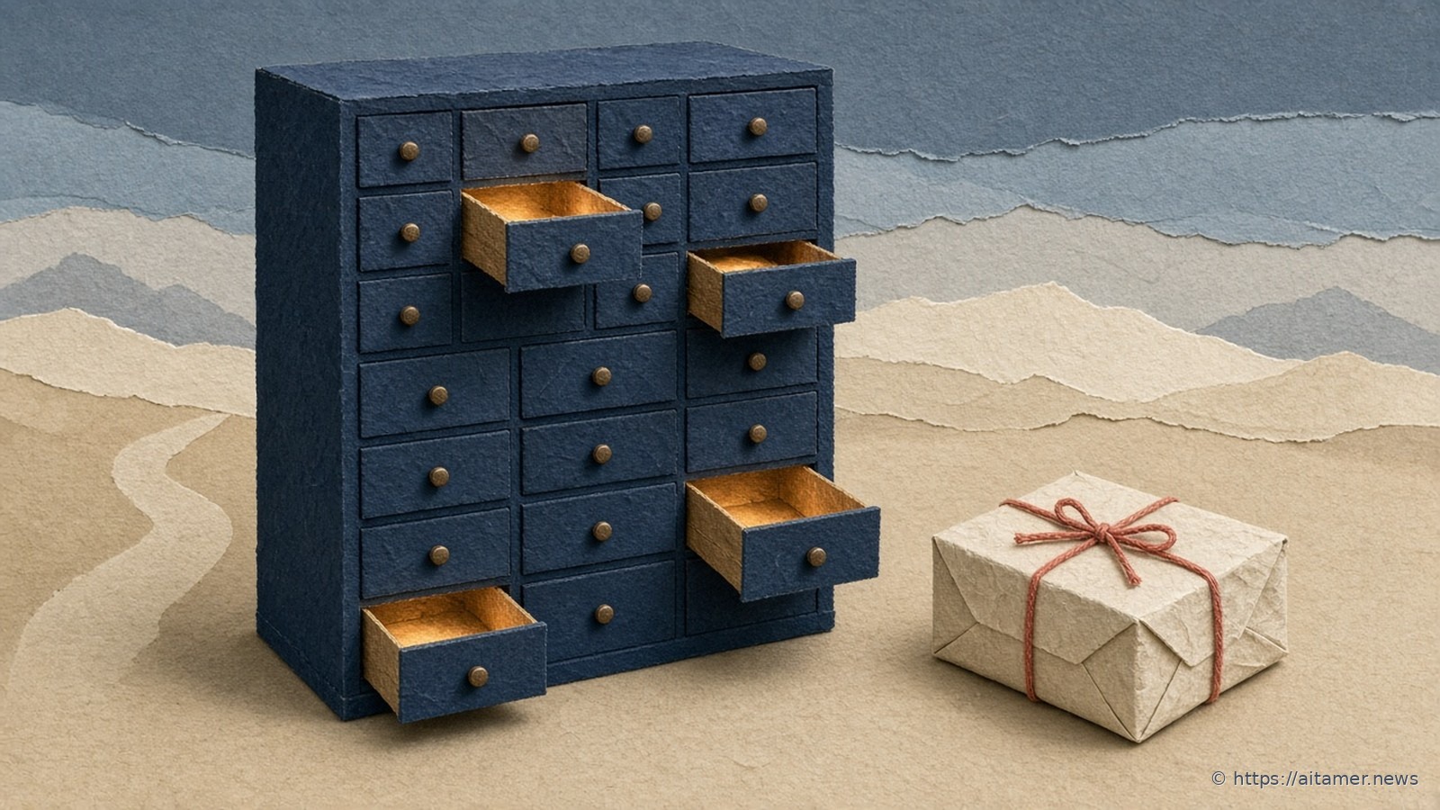 Paper-cut navy card-catalog cabinet with a few drawers pulled open and empty, beside a cream parcel tied with coral string that is still wrapped.