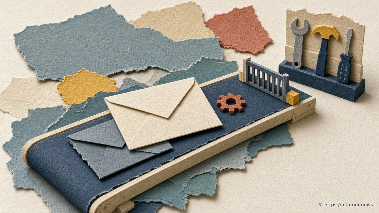 A paper-cut collage of a conveyor carrying an envelope toward a tool rack while a second forged envelope peels out of the first.