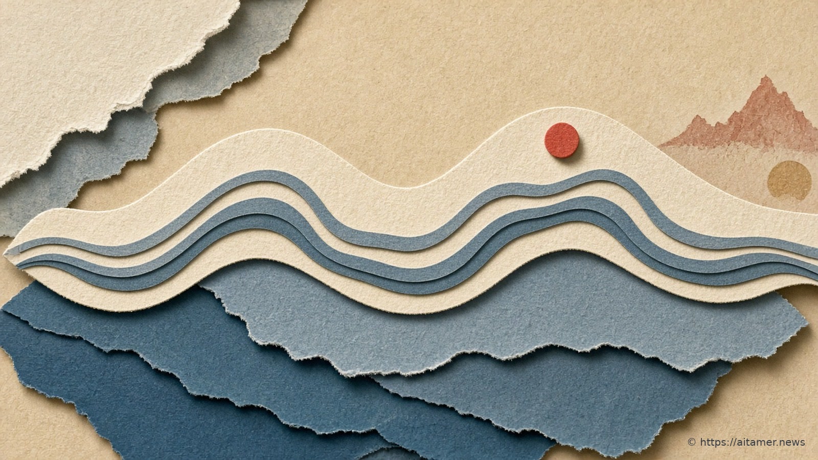 Layered cream and slate-blue paper waves flowing across the frame like a forecast line, with a coral dot and rust hills behind.