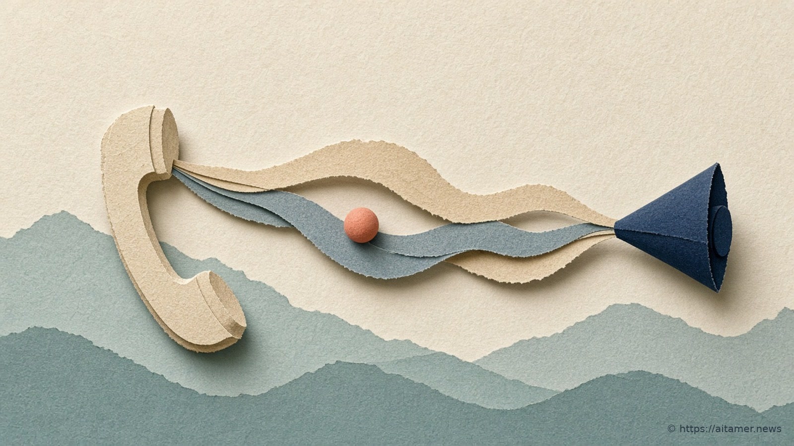 A cream paper telephone handset on the left sends a wavy sand and dusty-blue paper ribbon with one coral bead across the frame to a deep navy paper speaker cone, above layered muted teal paper hills.