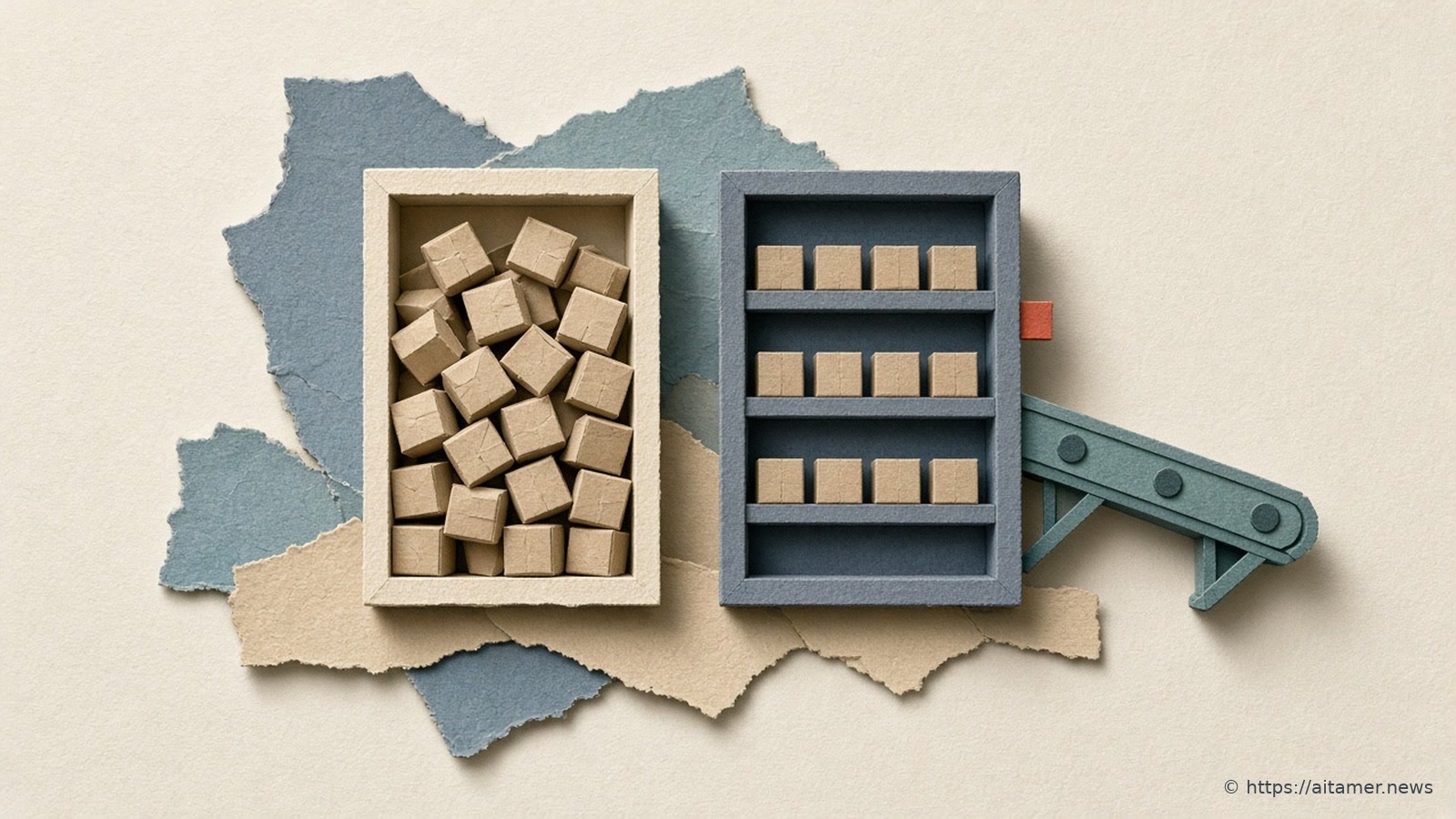A cream paper rack crammed with crooked sand paper boxes stands beside a slate-blue rack whose three shelves hold boxes in neat even rows, with a teal paper conveyor leading off to the right.