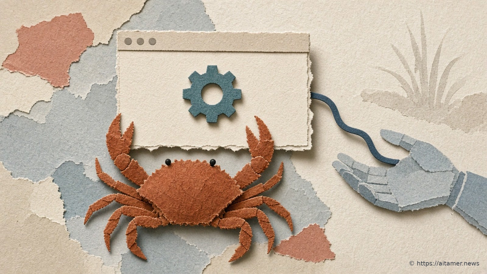 A rust-red paper crab sits under a cream paper browser window with a teal gear, while a grey-blue paper robot hand holds a cable leading from the window.