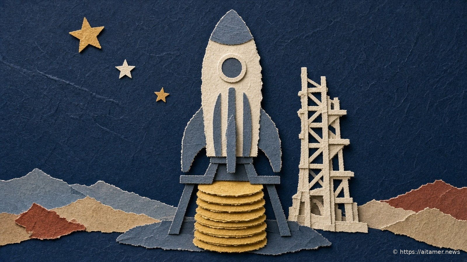 Paper-cut cream and slate rocket on a pad over a yellow coin stack, beside an ivory gantry under navy stars.