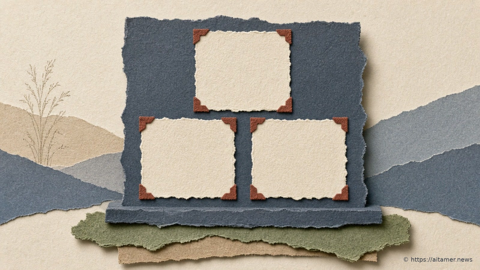 A slate-blue paper board holds three blank cream frames with coral corner mounts, set on green and sand paper layers before blue hills.