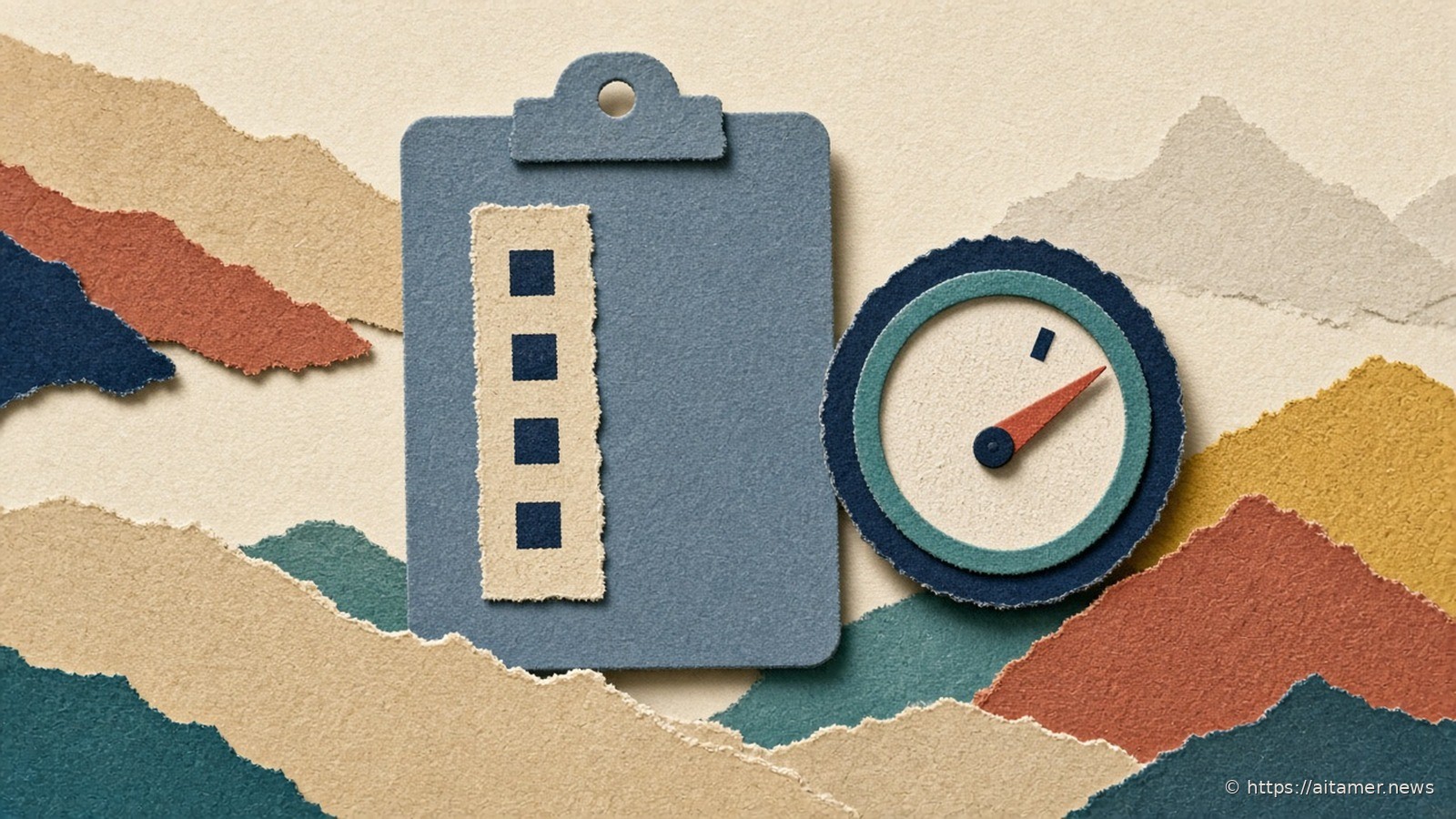 A cut-paper slate clipboard with a short checklist strip beside a teal circular gauge with a coral needle, on layered sand and rust paper hills.