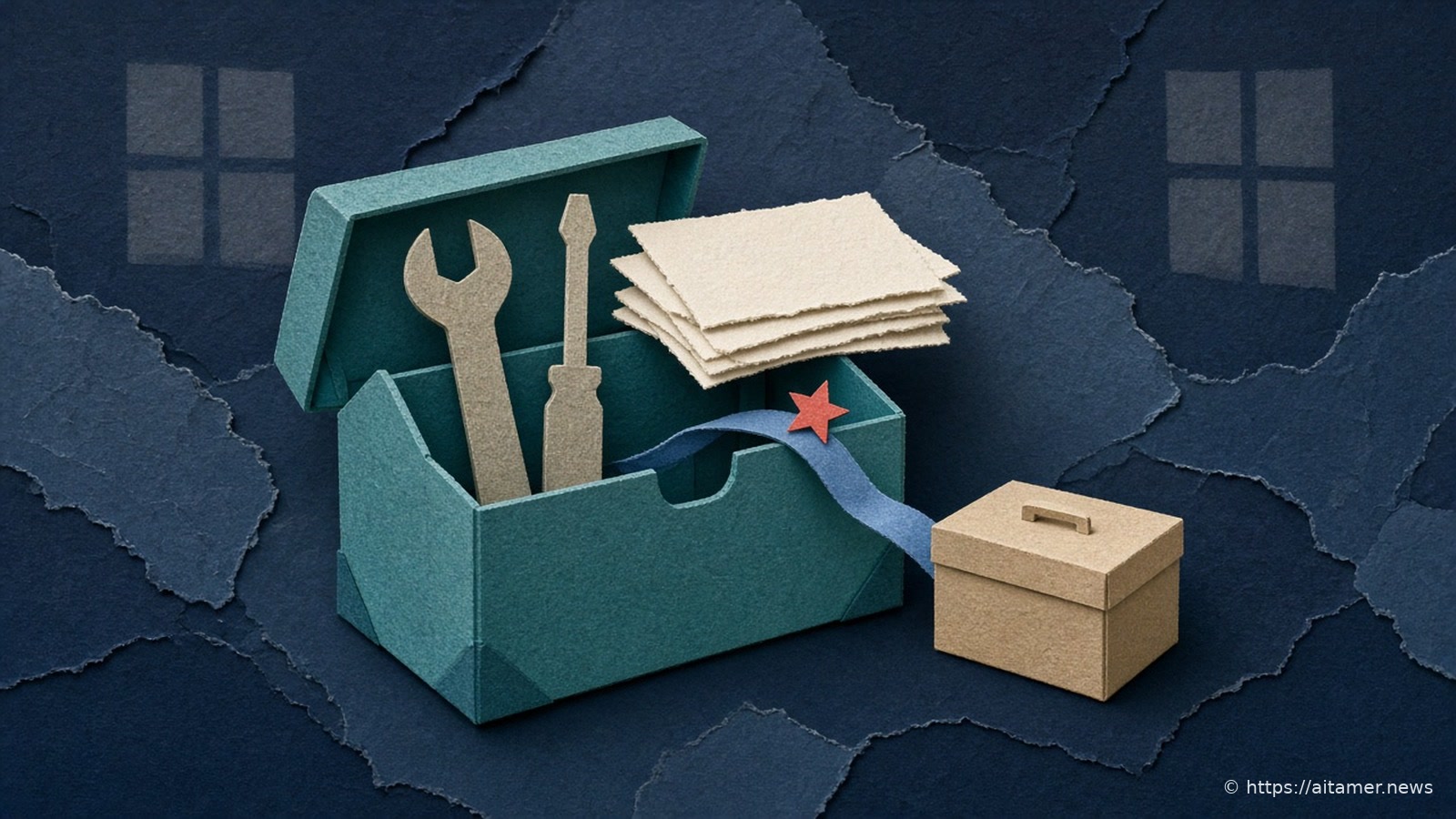 Cut-paper illustration of an open teal toolbox holding a paper wrench and screwdriver, a stack of blank cards, and a blue ribbon with a coral star leading to a small closed sand-colored box.