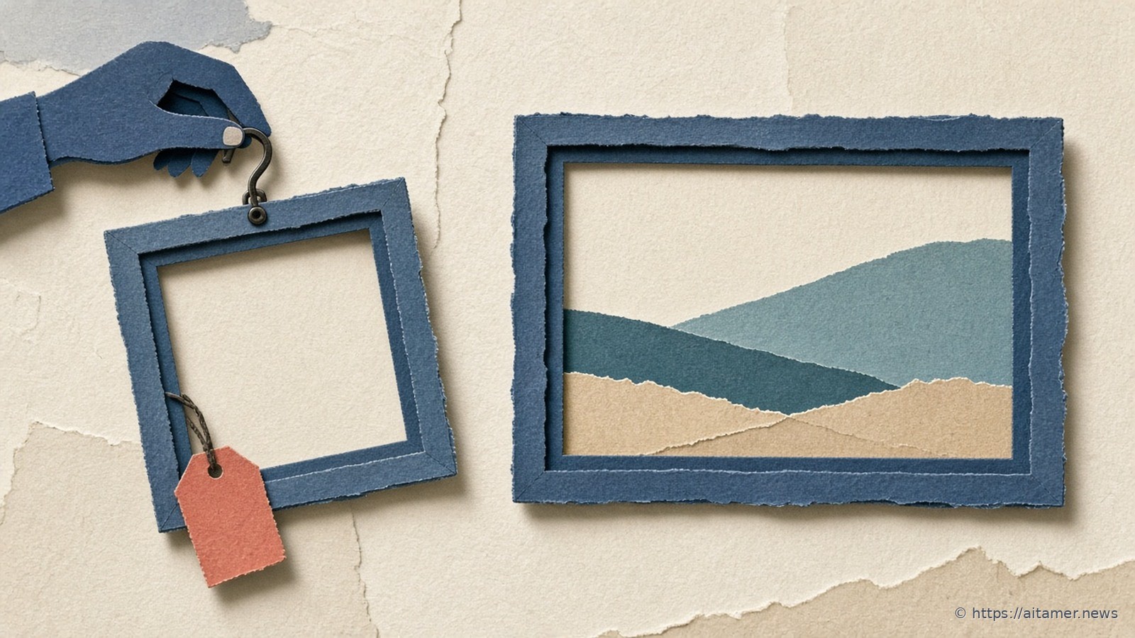 Paper-cut navy hand lifting an empty square frame with a blank coral tag, beside a new panoramic landscape frame.