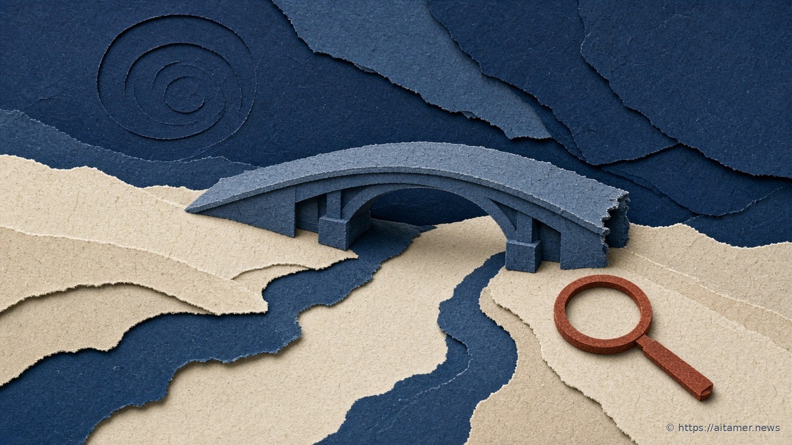 Paper-cut illustration of a slate paper bridge over a cream and navy river whose far end is torn short of the bank, with a rust magnifier on the near bank, on deep navy swirls.