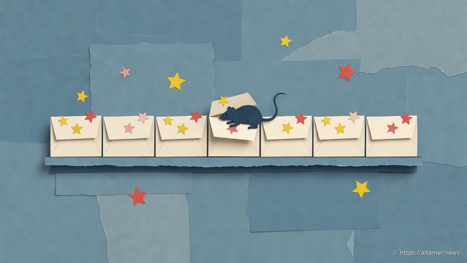 Seven cream paper parcels with star stickers sit on a shelf while a dark paper rat climbs out of one.