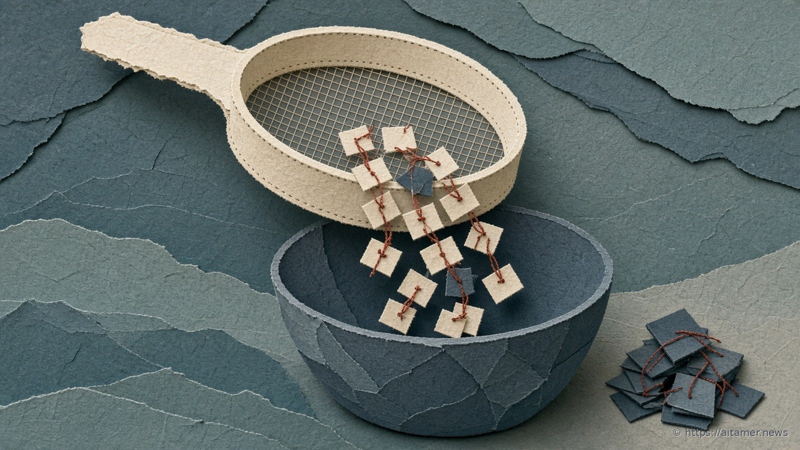 Paper-cut cream sieve over a slate bowl catching blank tiles, some tied in pairs with rust thread, dark tiles set aside.