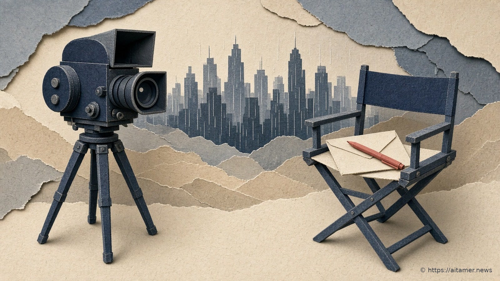 A paper-cut film camera on a tripod and an empty director's chair holding an unsigned paper document and a red pen, in front of a paper city skyline.