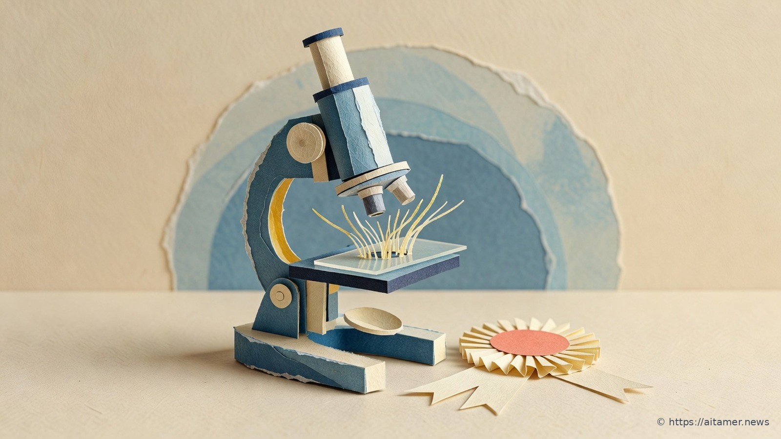 A paper-cut blue and cream microscope with fine hair-like strands rising from its slide, an award rosette lying set aside at its base.
