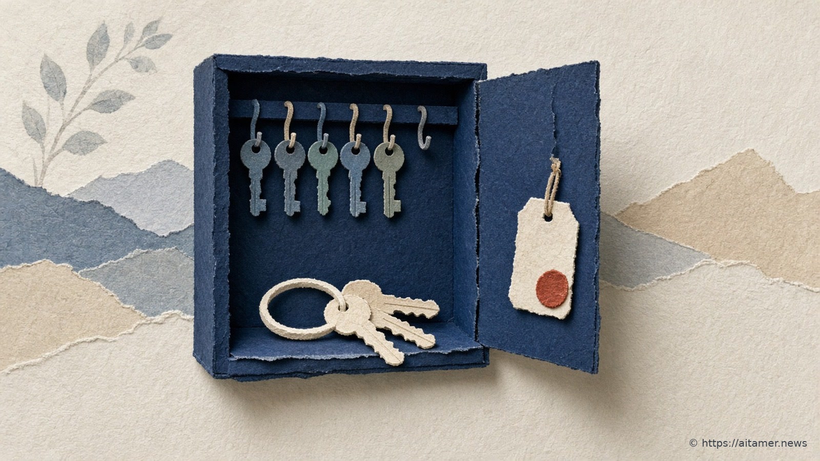 An open navy paper key cabinet with several empty hooks, and a ring of fresh replacement keys resting on its ledge.