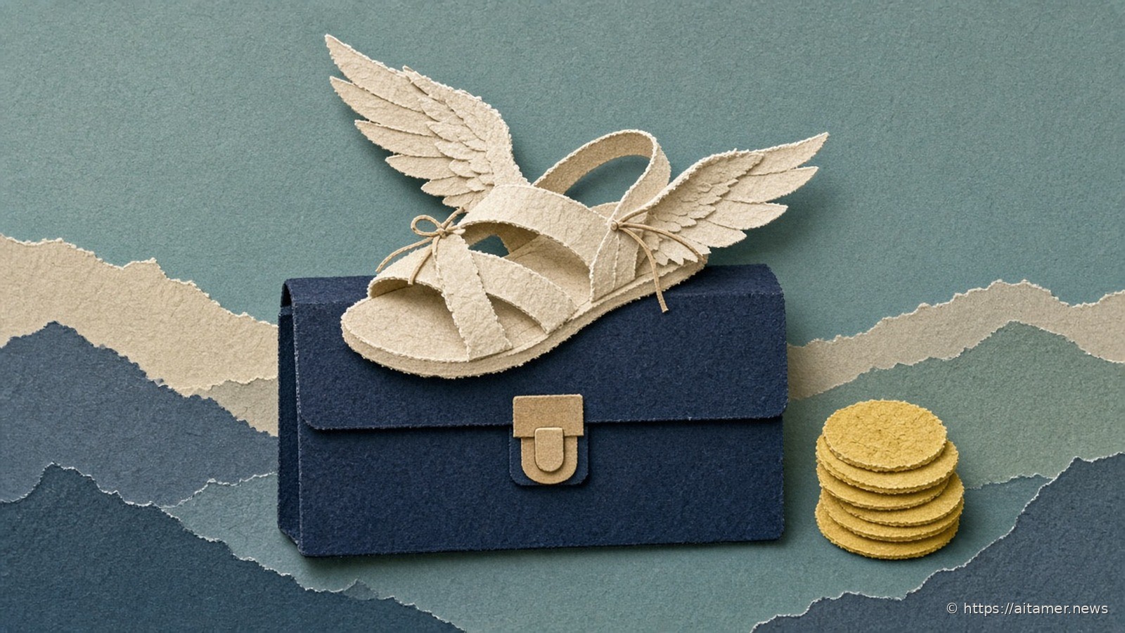 Paper-cut cream winged sandal on a navy briefcase with sand clasp and a stack of yellow coins beside teal hills.