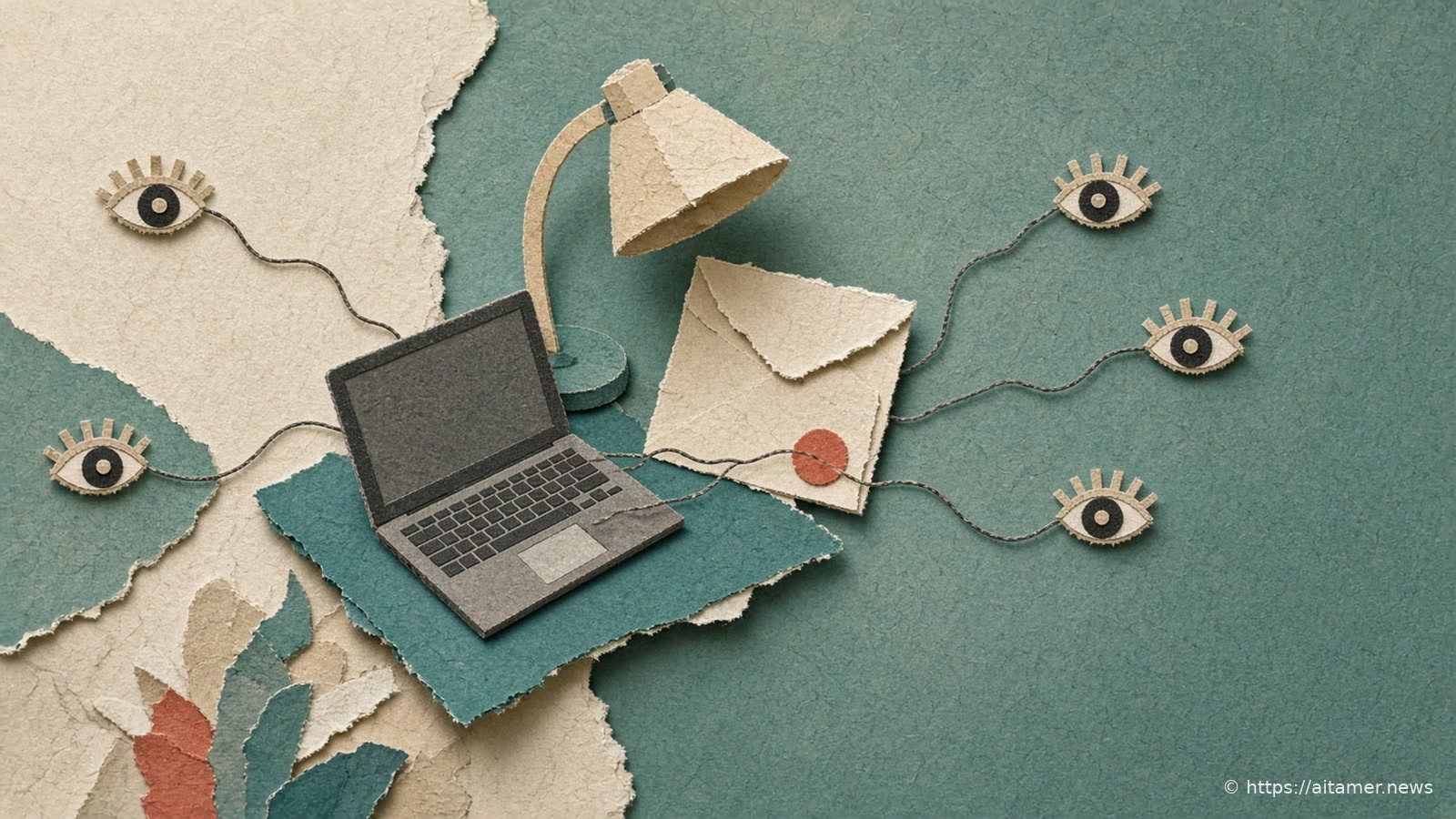 A paper-cut collage of a small desk with a laptop sending thin threads to watching eye shapes at the edges, and an official letter leaning on the lamp.