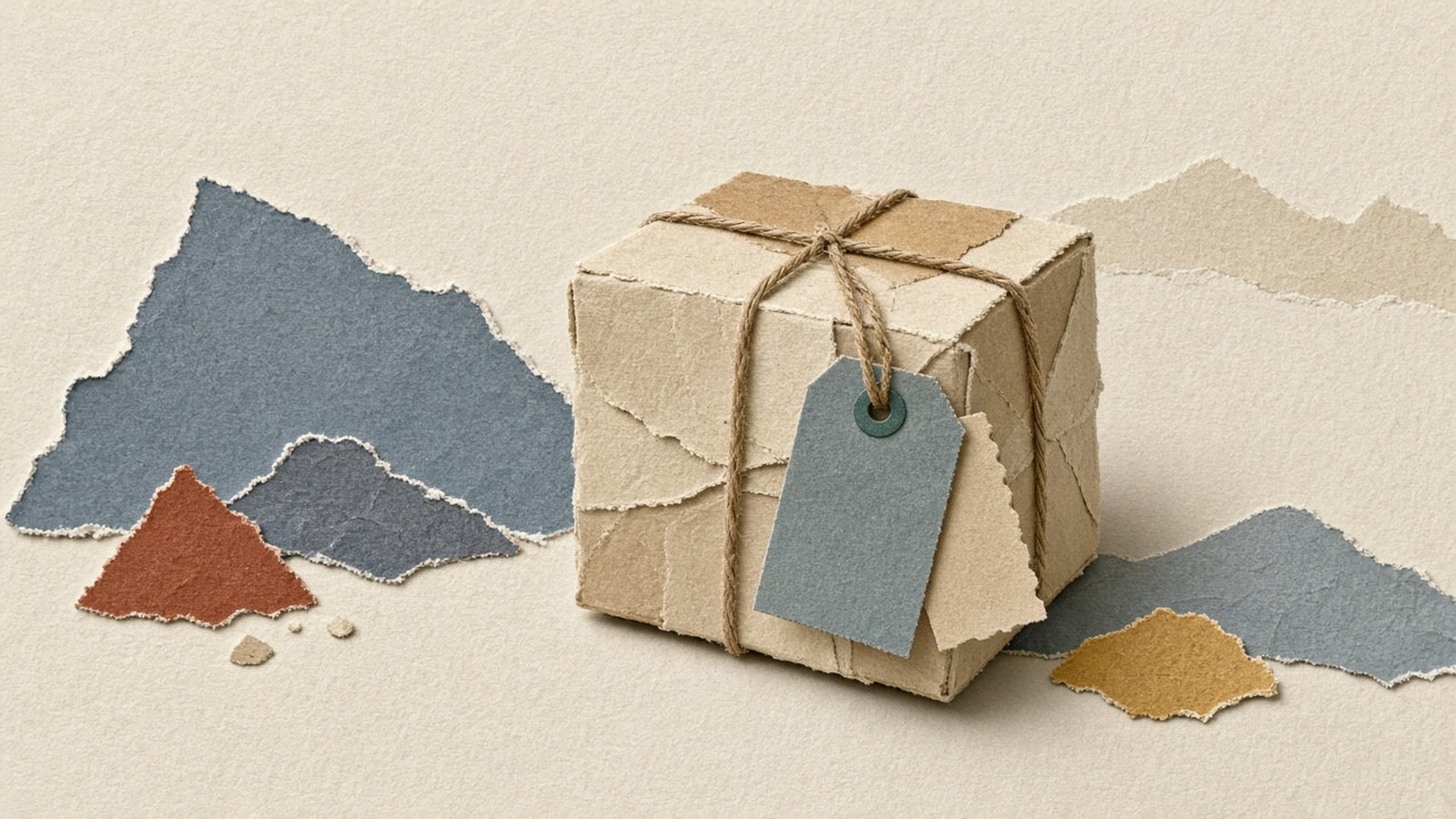 Tan paper package tied with twine holds a blank slate-blue tag and a blank tan ticket on ivory ground with paper hills.