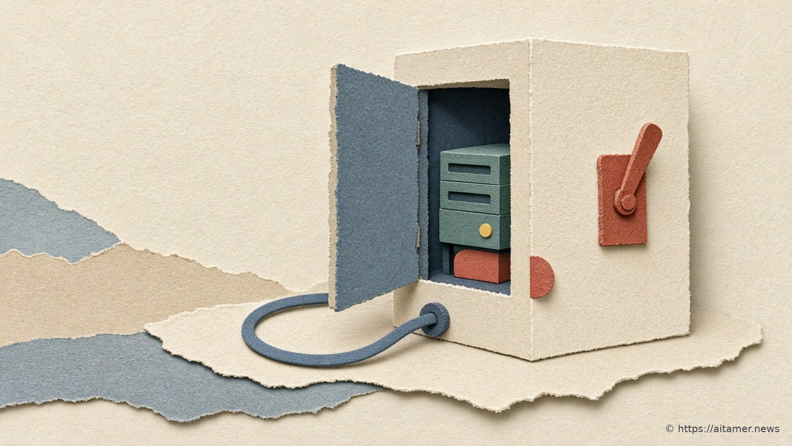 A cream paper cabinet with its slate-blue door open shows a small teal server unit inside, a rust-red lever switch flipped up on its side and a blue cable looping out and back in.