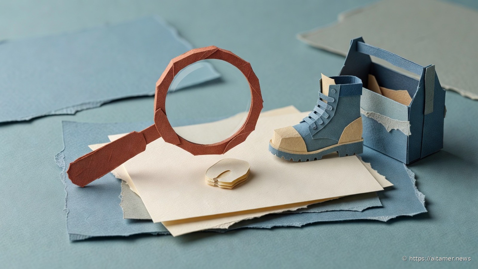 A rust paper magnifying glass over cream sheets, next to a paper boot and a small blue toolbox.