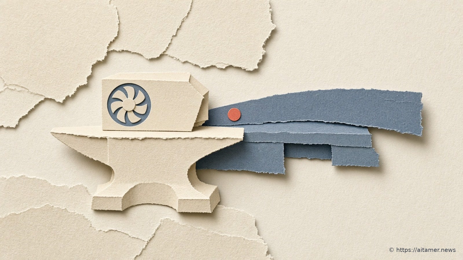 A cut-paper anvil holding a plain graphics card with a fan, joined to layered slate blue paper strips marked by one coral rivet.