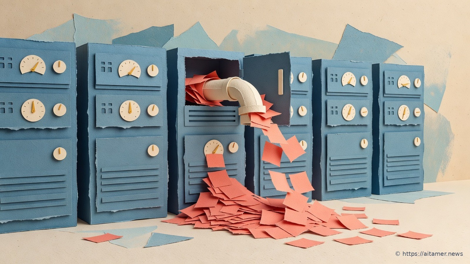 Blue paper server cabinets with gauge dials, one flooded by coral paper slips pouring in through a pipe.