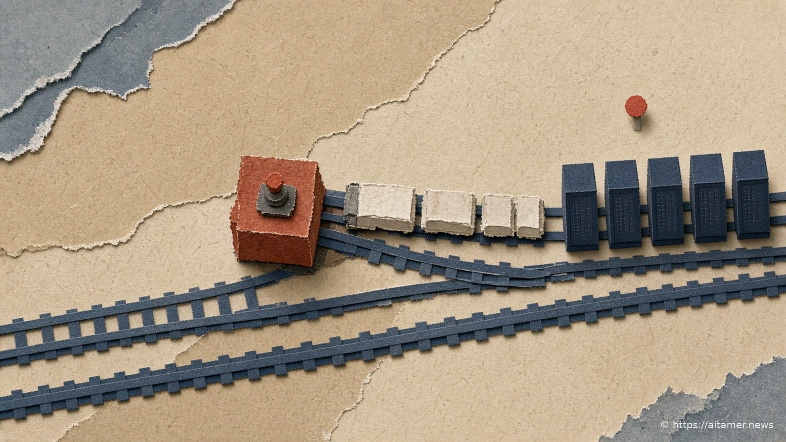 Paper collage of a railway yard seen from above, where a rust-red signal box sends a short train of cream cars along branching tracks toward a row of navy server cabinets.