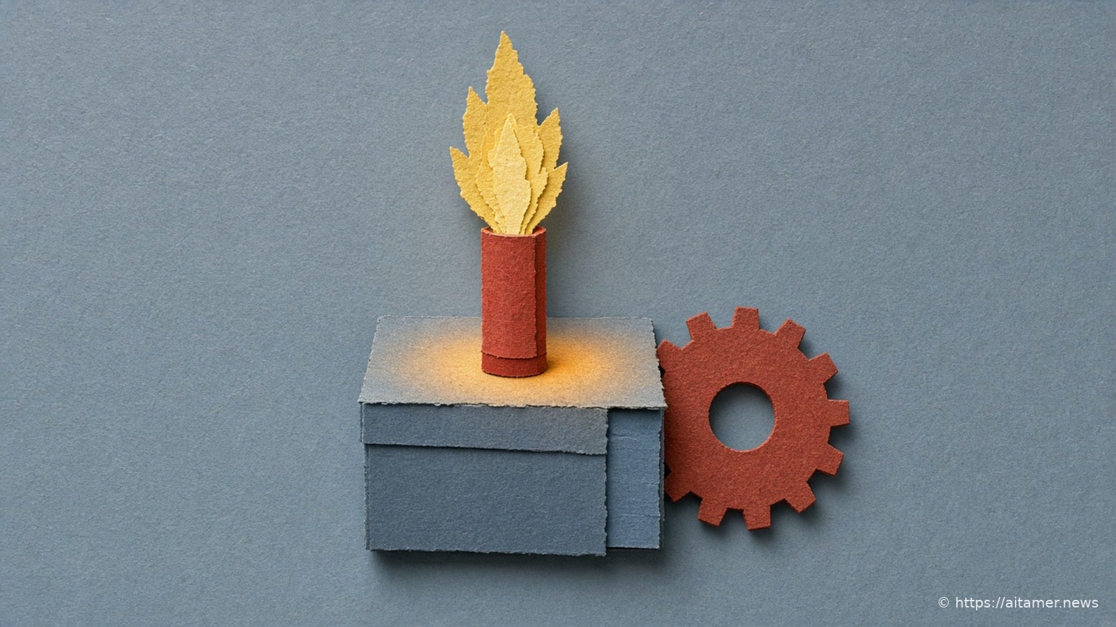 Paper-cut illustration of a rust-red candle with a layered yellow paper flame on a slate-grey box, a rust-red gear leaning against its side on blue-grey paper.